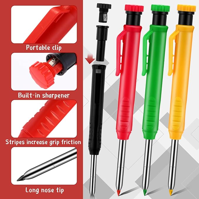 8 pack 2.8mm Mechanical Carpenter Pencils with 48 Refills, Construction Pencils with Built-in Sharpener, Long Nib Deep Hole Marker, Heavy Duty Woodworking Tools(Black+yellow+red+green)