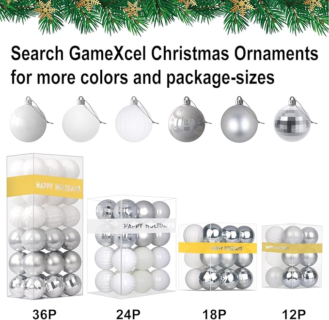 White & Silver 2.5" Christmas Balls Christmas Tree Decoration Ornaments Shatterproof Hanging Balls for Birthday Halloween Holiday Wedding Decorations Set of 18pcs