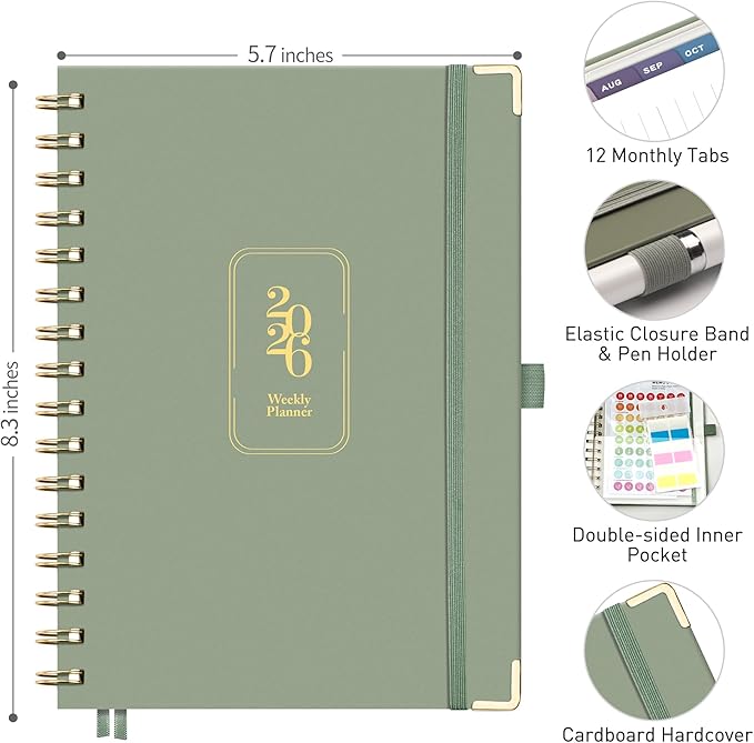 RETTACY 2026 Planner, Weekly and Monthly, Medium Size (5.7" x 8.3"), Jan - Dec 2026, Agenda, Calendar, 12 Month Tabs, Hardcover, 100 GSM Thick Paper, Spiral-bound (Light Green)