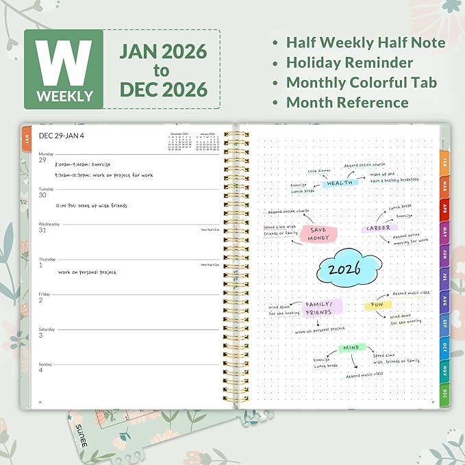 SUNEE 2026 Weekly and Monthly Planner - January 2026-December 2026, 8.5"x11" Half Weekly Half Note, Daily Agenda Planner with PVC Waterproof Cover, Monthly Tab, Note, Pockets, Bookmark, Wildflowers
