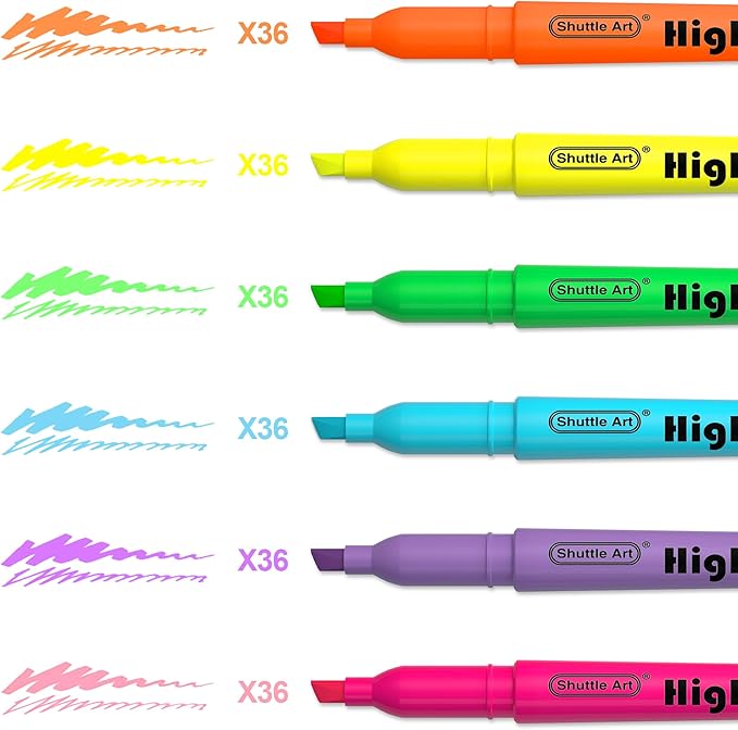 Shuttle Art 216 Pack Highlighters, Highlighters Assorted Colors Set, 6 Bright Colors Chisel Tip Dry-Quickly Non-Toxic Highlighter Markers Bulk for Adults Kids Highlighting in Home School Office