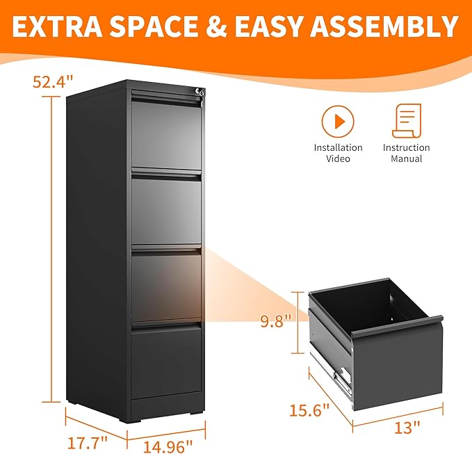 4 Drawer Metal File Cabinet with Lock Heavy Duty Lockable File Cabinets Home Office Steel Filing Cabinet Vertical File Cabinets for Legal/Letter Size File,Assembly Required