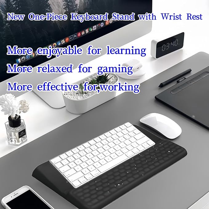 Ergonomic one-Piece Computer Keyboard Stand with Wrist Rest for Desktop Offers Two Support Angles. Silky Lycra Surface and Memory Foam Comfortable Hand Support (Black Star)