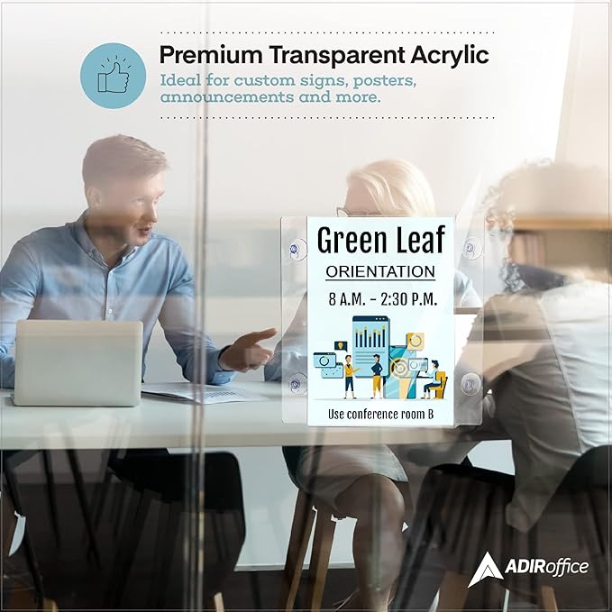 Adir Acrylic Sign Holder – Window Sign Holder with Suction Cups for Advertising and Promotion, Wall-Mount Display Frame, Clear Sign Holder Stand for Glass, Mall, Restaurants, Office - 2 pack (8.5x11 Inch)