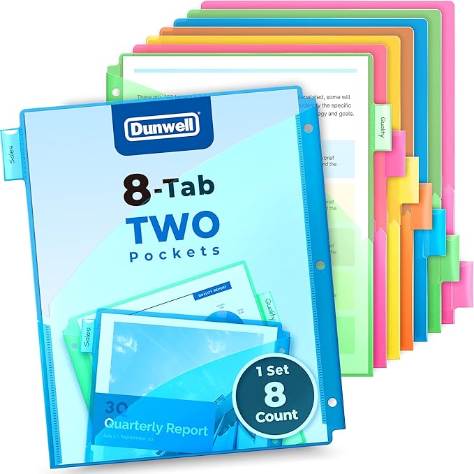 Dunwell 8-Tab Binder Dividers with Two Pockets, Plastic Slash Pocket Dividers with Tabs, Multicolor, 3 Ring Binder Pocket with Index Tab, Acid-Free, Poly Notebook Divider, Includes Label Inserts