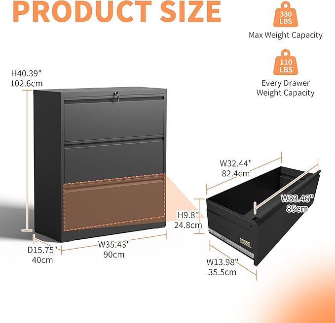 KEIKI 3 Drawer Lateral File Cabinet with Lock, 40.4" Heavy-Duty Metal Filing Cabinet, Wide Storage for Letter/Legal/A4/F4, Silent Full-Extension Slides, Anti-Tilt Safety for Home Office, Black