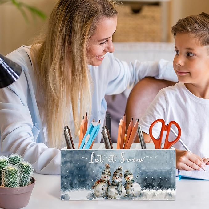 Winter Christmas Snowman Pen Pencil Holder Organizer for Desk Accessories, Snowman Gifts, Snow Rustic Christmas Wooden Box Signs Decorations for Home Office Desk Tabletop