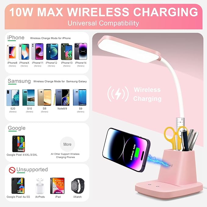 Sailstar Pink Desk Lamp, Small Desk Lamp with Pen Holder, Wireless Charger LED Desk Lamps for Home Office, Kids Desk Lamps 800LM Flexible Arm 3 Modes Dimmable Touch, Study Lamps for College Dorm Room