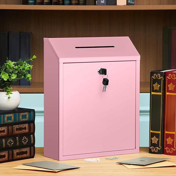 Metal Donation Cash Box Collection Safe Suggestion Box with Lock Wall Mounted Mailbox Delivery Ballot Container for Home Office Outdoor Door(Pink,15 x 12 x 4 Inch)