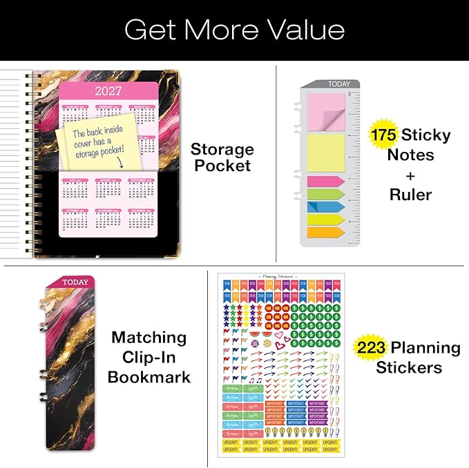 HARDCOVER 2026 Planner, 8.5"x11": 14 Months (November 2025 - December 2026), Daily Weekly Monthly Planner, Yearly Agenda, Bookmark, Pocket Folder and Sticky Note Set (Dark Gold Marble)