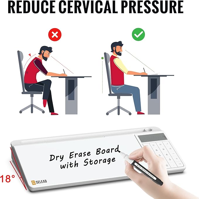 SELEAD Desktop Glass Whiteboard with Calculator, Organizer, Markers, Eraser, Holder - Small Dry Erase White Board Computer Pad Keyboard Stand Desk Drawer Accessories for Home, School, Office