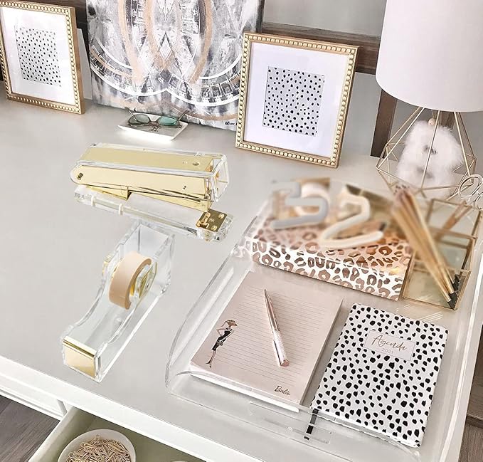 Acrylic Gold Tape Dispenser Gold Desktop Stapler, Acrylic Office Supplies Includes Staple Remover, Tape, 1000pcs Staples Desk Accessory Kit, Cute Office Stapler Set for Modern Design Office Desktop