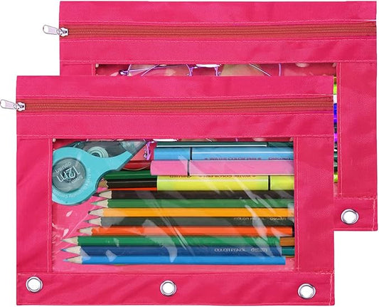 Pencil Pouch 3 Ring, Zipper Pencil Pouches Case Binder Cosmetic Bag Hot Pink 2 Pack