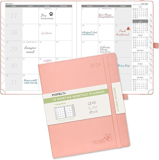 POPRUN Monthly Planner 2025-2026 (Large- 8.5" x 10.5" Soft Cover), 18-Month Calendar Book (Jul.2025-Dec.2026), Calendar Planner with Monthly Tabs & Pocket, 100 GSM Paper - Pink