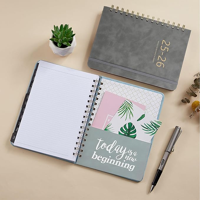 Academic Planner 2025-2026, Weekly and Monthly Calendar Planner, July 2025 - June 2026, 6.4" x 8.5", Faux Leather Cover Yearly Teacher Student Planning Agenda Book with Tabs, Pocket, Notes(Gray)