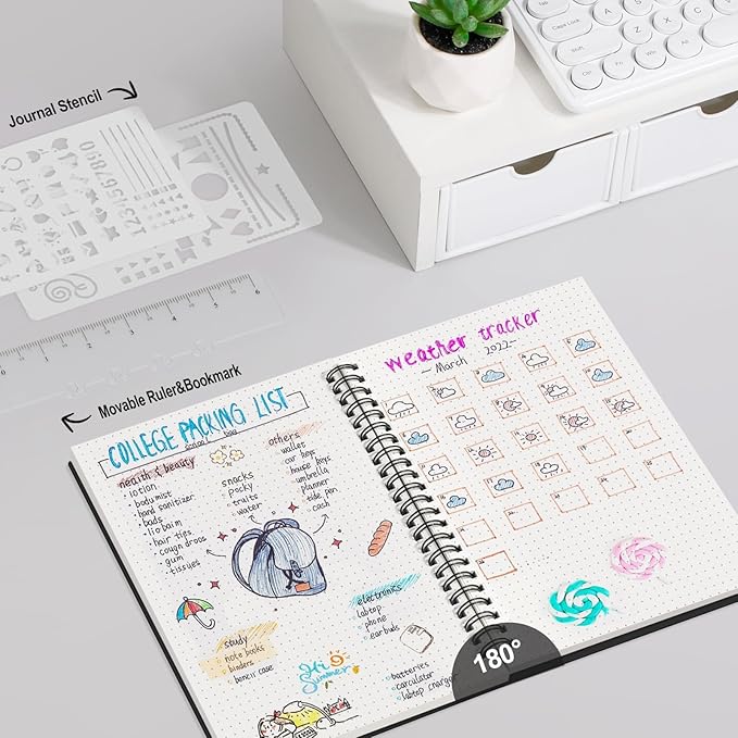 AHGXG Bullet Dotted Journal - Dot Grid Spiral Notebook A5, 160 Pages, 100 GSM Thick Paper, Waterproof Plastic Cover Journals for Bullet Journaling, Sketching, 5.7" x 8.3", Black