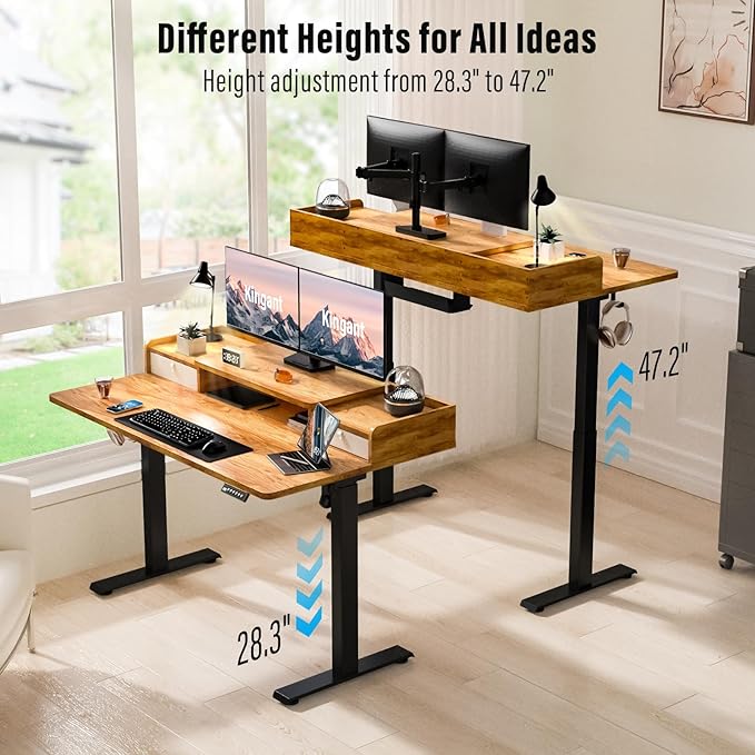 Standing Desk with Drawers,Thickened Table Legs Sit Stand Desk Electric for Home Office & Gaming,Ergonomic Stand Up Desk Cable Management Tray(Classic Black) (Light Rustic Brown, 48″ x 30″)
