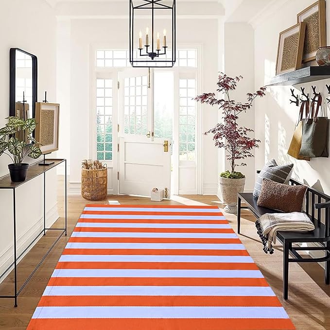 CAINANEL Fall Outdoor Rug Orange and White Striepd Rug Front Door Mat Halloween Thanksgiving Fall Autumn Home Decor, Layerd Welcome Doormat for Front Porch Decor, Front Door, Farmhouse Decor