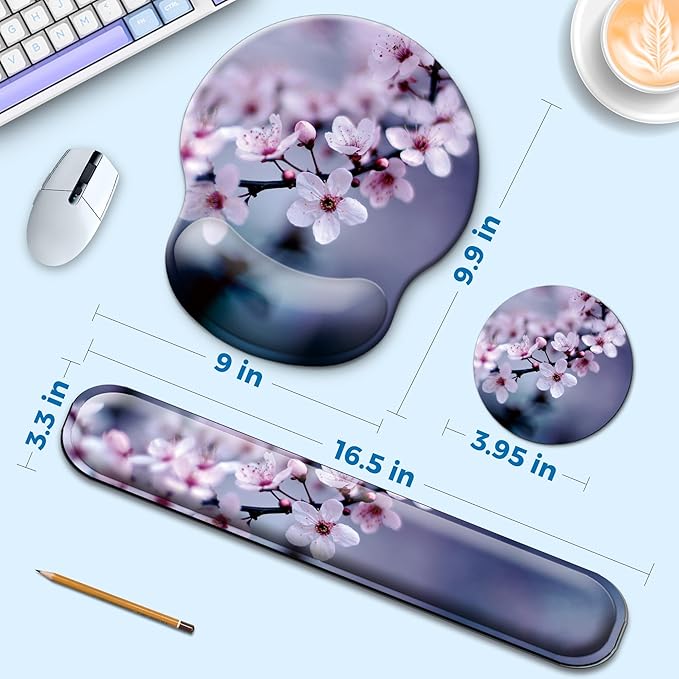 Mouse Pad and Keyboard Wrist Rest Support, with Non-Slip PU Base,Gel Mouse Pad with Coaster,Pain Relief for Gaming, Computer,Office -Cherry Blossom