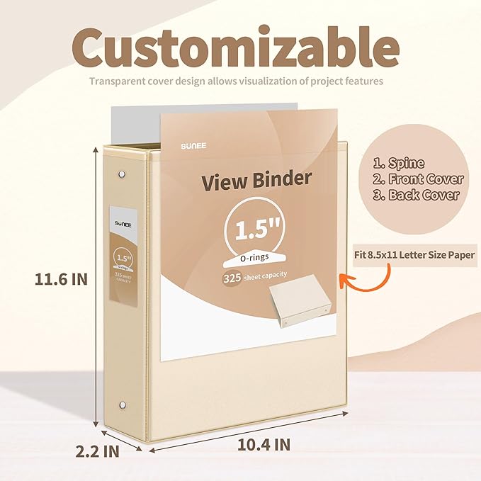 SUNEE 3 Ring Binder 1.5 Inch 4 Pack, Clear 1 1/2 Inch View Binder Three Ring PVC-Free (Fit 8.5x11 Inches) for School or Office Supplies, Neutral Aesthetic
