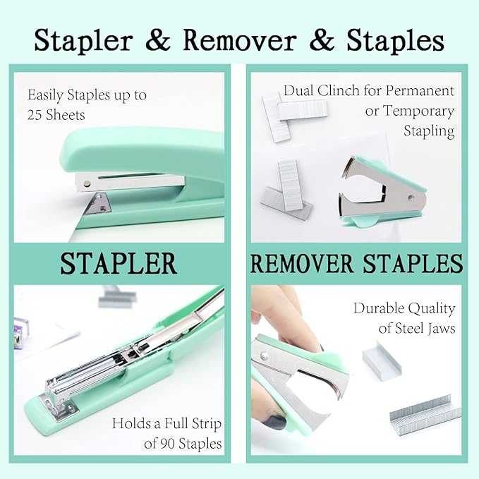 Green Office Supplies,UPIHO Teal Desk Accessories,Stapler and Tape Dispenser Set for Women with Stapler,Tape Dispenser,Staple Remover, Staples, Clips, Scissor and Tabs for Students, Office Clerks