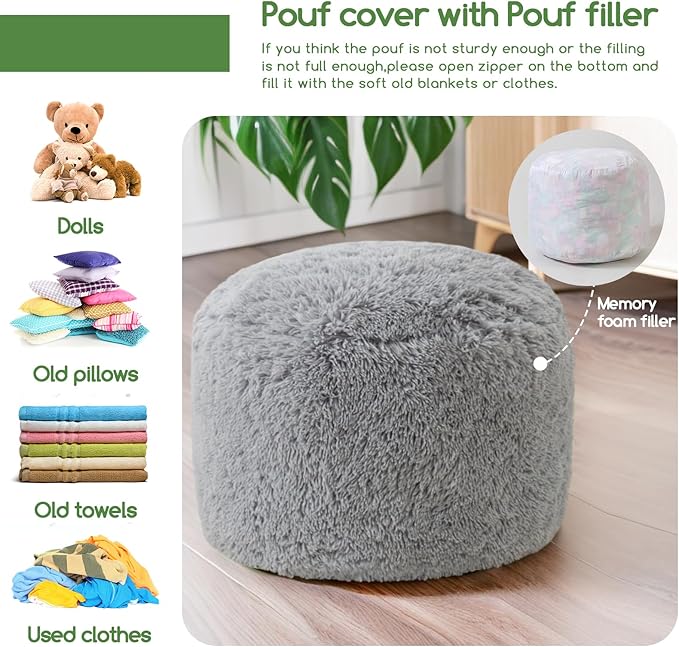 HIGOGOGO Round Stuffed Pouf Ottoman, Long Faux Fur Poufs with Foam Chunk Filling, Fluffy and Furry Pouf Foot Stool Storage Ottoman, 20 X 15 Floor Poufs Foot Rest for Living Room, Grey