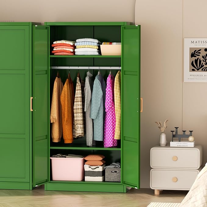 Greenvelly Metal Storage Wardrobe Cabinet with Lock, 71" Green Metal Wardrobe Closet for Hanging Clothes with Doors and Shelves, Modern Steel Clothes Closet for Home, Office and Bedroom, School,Gym