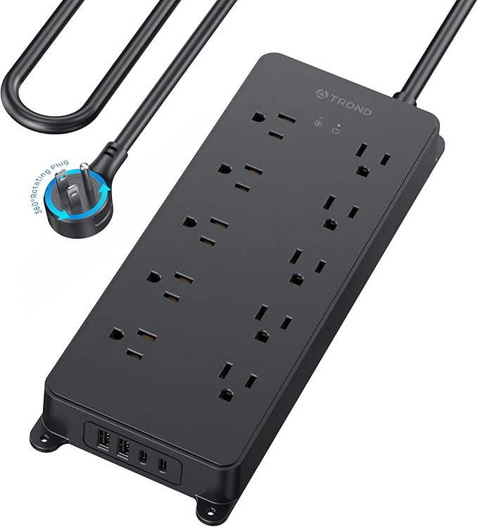 TROND Surge Protector Power Strip 10ft, 360° Rotating Flat Plug, 4000J, ETL Listed, 10 Widely Spaced Outlets, 2 USB A and 2 USB C, Wall Mountable, for Home Office Entertainment, Black