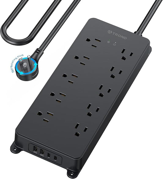 TROND Surge Protector Power Strip 10ft, 360° Rotating Flat Plug, 4000J, ETL Listed, 10 Widely Spaced Outlets, 2 USB A and 2 USB C, Wall Mountable, for Home Office Entertainment, Black