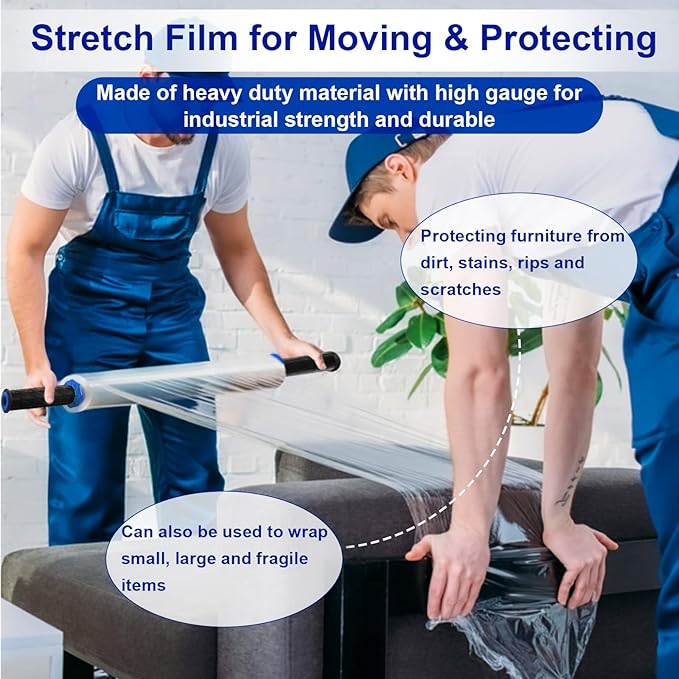 Stretch Film, RAZCC Stretch Wrap Industrial Strength, Shrink Wrap for Pallet Wrap, Heavy Duty Clear Plastic Wrap with Handles, Moving Wrapping Plastic Roll, 15" x 1000 Ft Per Roll, 60 Gauge, 4 Pack