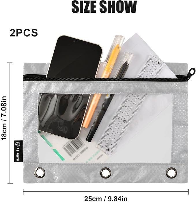 Gredecor Binder Pencil Pouch 3 Ring Grey Zipper Pencil Pouches Case 2 Pack Clear Window Binder Organizer for School Office