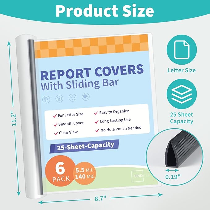 Binditek 6 Pack Clear Report Covers with Sliding Bars, 25 Sheet Capacity, 5mm Binding Bars, Letter Size, 5.5 Mil Thick, Black, for Students and Coworkers