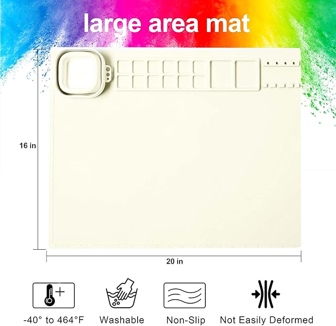 AWOKE Silicone Painting Mat for Kids - 20"X16" Art & Craft Mat with 12 Color Dividers, 2 Paint Palettes, 1 Water Cup - Toddler Activities Paint Mat, Ideal Gift for 3 4 5 Year Old Boys & Girls (Beige)