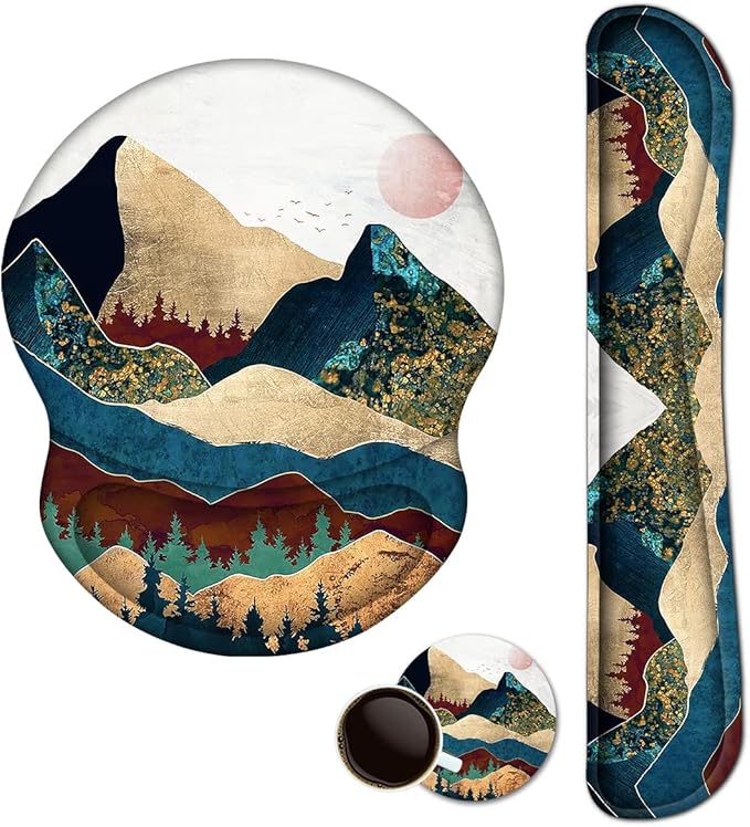 ArtSo Mouse Pad Keyboard Wrist Rest Support Ergonomic, Upgraded Cushion Mousepad Gel Memory Foam Non-Slip Rubber Base Pain Relief & Easy Typing for Home,Office, Colorful Mountain