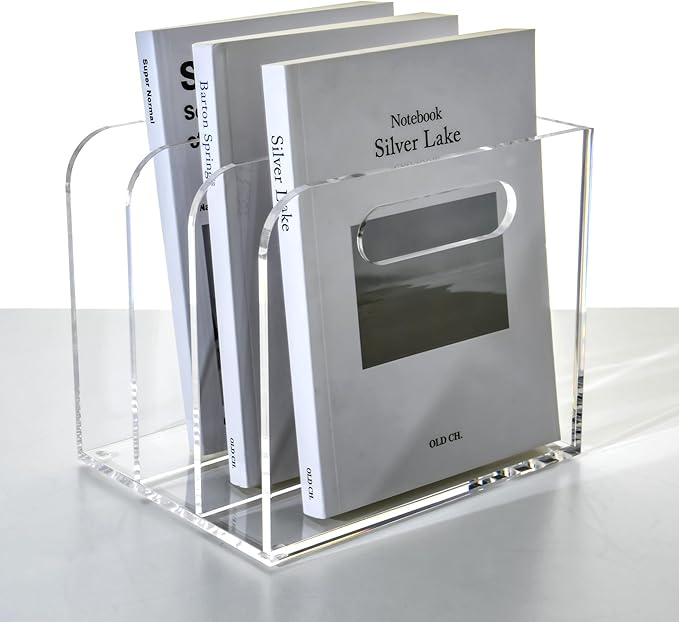 3 Vertical Compartments Clear Acrylic Desk Document Organizer & Storage Bins for Magazines, Binders, Notebooks, and Envelopes - Multipurpose Home Office Organizer - Innovative handle design