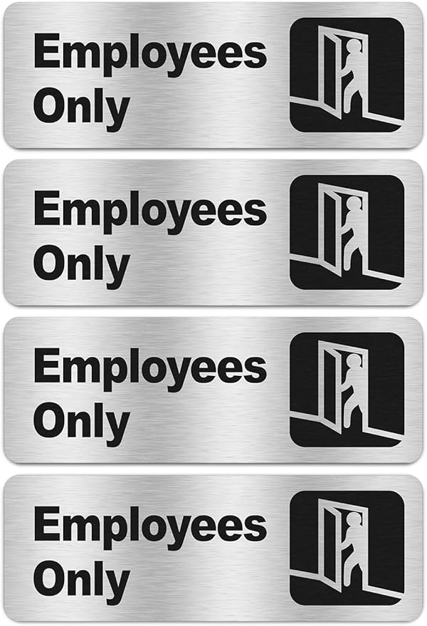 Faittoo Employees Only Sign, (4 Pack) 9 X 3 Inches Informative Rust Free Brushed Aluminum Sign with Symbols, Fade Resistant, Use for Door of Office/Business, Easy to Install