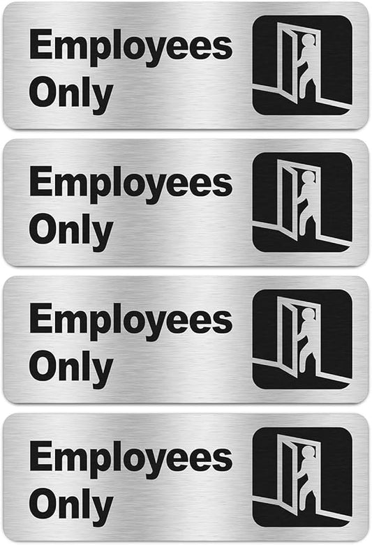 Faittoo Employees Only Sign, (4 Pack) 9 X 3 Inches Informative Rust Free Brushed Aluminum Sign with Symbols, Fade Resistant, Use for Door of Office/Business, Easy to Install