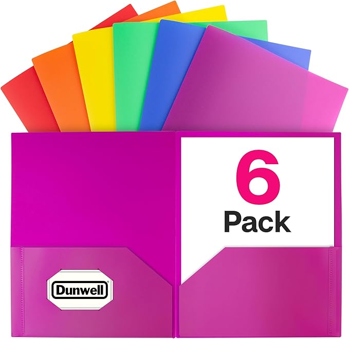 Dunwell Plastic 2-Pocket Folders (6 Pack, Assorted Colors), 8.5x11 Document Folders for School and Office, Heavy Duty Poly, Long Lasting, Includes Labels