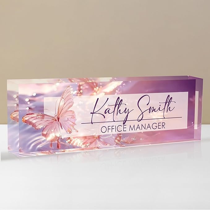 Personalized Name Plate for Desk, Custom Desk Name Plate, Acrylic Name Plate Office Desk Accessories, Personalized Office Gifts for Coworkers Teachers, Employee Appreciation Gifts (Purple Crystal)