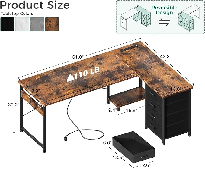 Casaottima L Shaped Desk with 4 Tier Drawers, 61" Gaming Desk with Power Outlets & USB, Reversible L-Shaped Computer Desk with CPU Stand, Home Office Corner Desk with Storage, Easy Assemble, Vintage