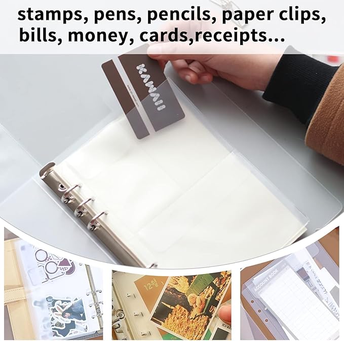 Binder Pockets, 15pcs A5 Size 6 Holes Binder Pockets, [Waterproof PVC Pouch] Premium Clear Binder Zipper Folders Document Filing Bags for 6-Ring Notebook Binder Loose Leaf Bags,-Clear