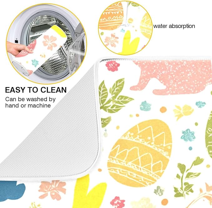 Flowers Eggs Bunny Easter Dish Drying Mat 18 X 24 Inches Spring Rose Leaves Peeps Rabbits Dry Dishes Pads Mats for Kitchen Tableware Protector Countertops Counter Home Decorations