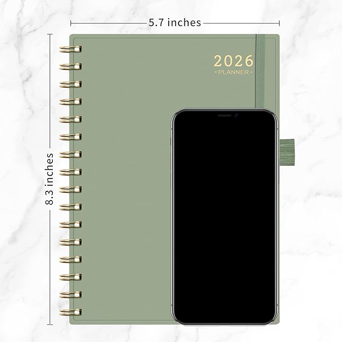 RETTACY 2026 Planner, Weekly and Monthly, Medium Size (5.7" x 8.3"), Jan - Dec 2026, Agenda, Calendar, 12 Month Tabs, Flexible Plastic Cover, 100 GSM Thick Paper, Spiral-bound (Light Green)