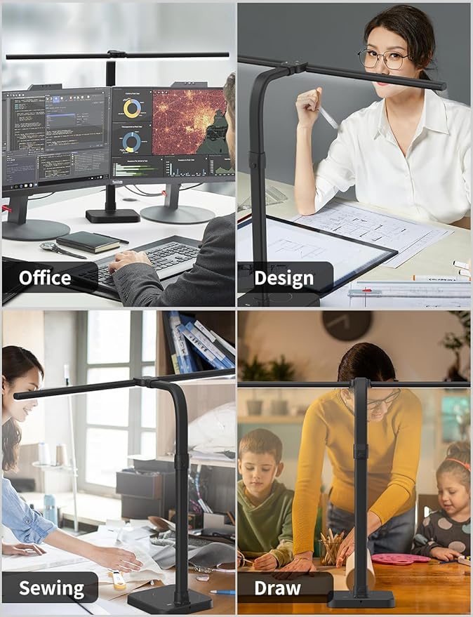 LED Desk Lamp for Home Office, Double Head 24W with Base, Architect Light 5 Lighting Brightness Flexible Gooseneck Table Reading Study, Black