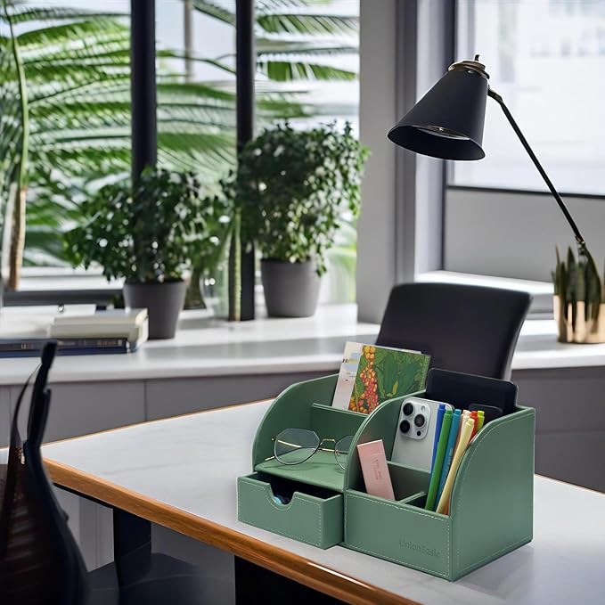 UnionBasic Desk Organizer, Multi-functional Leather Desktop Office Organizer, Pen Holder - Business Card/Pen/Pencil/Mobile Phone/Stationery Holder Storage Box, Malachite Green