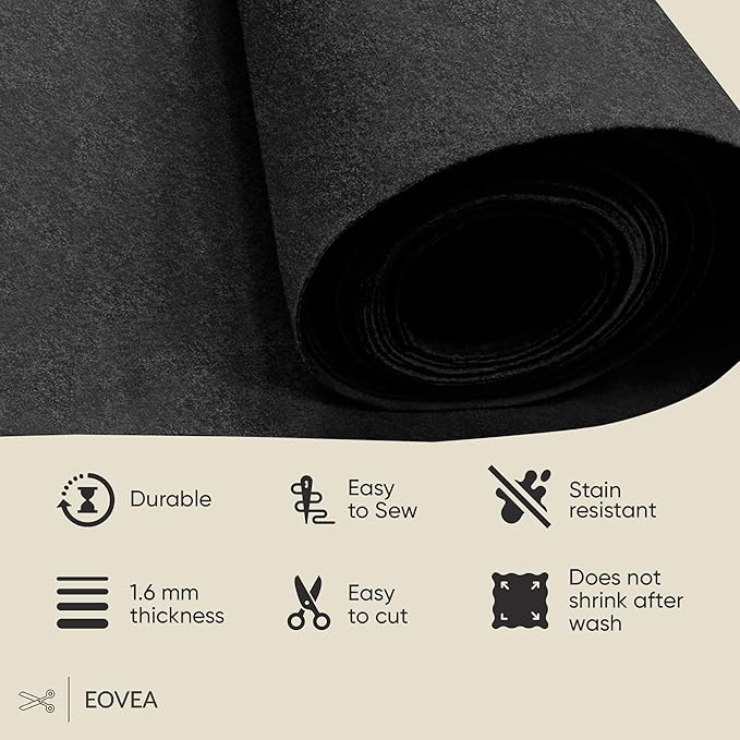 EOVEA | Acrylic Felt Fabric by The Yard - Non-Stiff, Soft Material - 72" Wide - 1.6mm Thick Felt Sheets for DIY Crafts, Sewing, Upholstery, Cushion, Padding(Black, Half Yard)