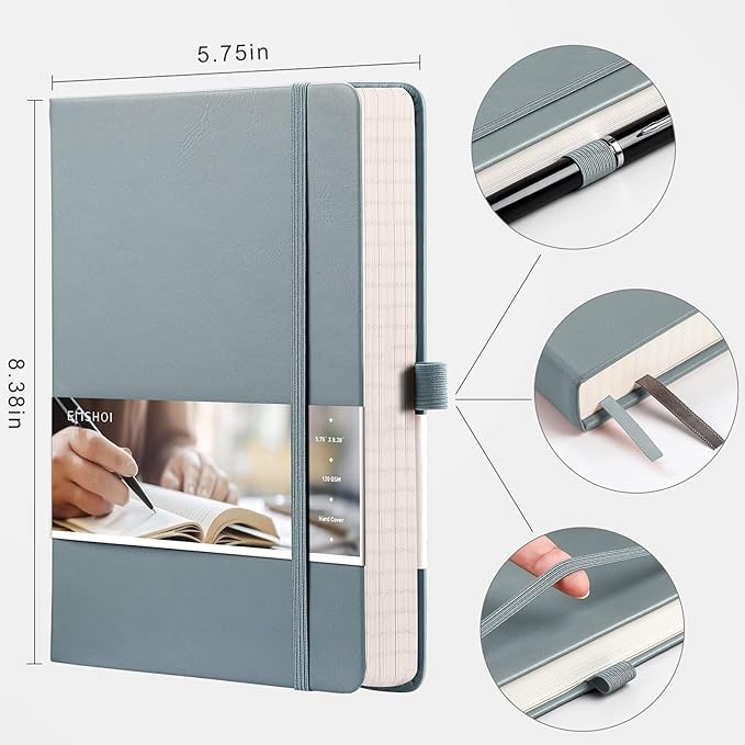 EMSHOI Graph Paper Notebook - 256 Pages A5 Graph Notebook/Journal, Hard Cover, 120gsm Thick Paper, Smooth PU Leather, Inner Pocket, 5.75'' × 8.38''-GrayBlue