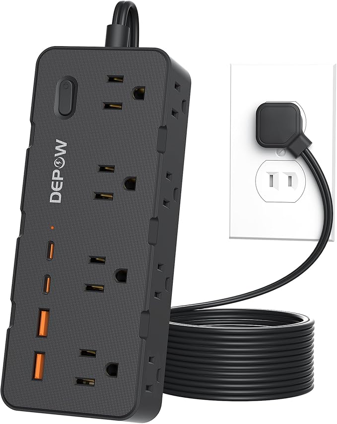 Black 2 Prong Power Strip, 2 to 3 Prong Outlet Adapter with 8 AC & 4 USB Ports (2 USB C), 6 FT Extension Cord, 1700J Two Prong Surge Protector, Wall Mountable, Ideal for Old House