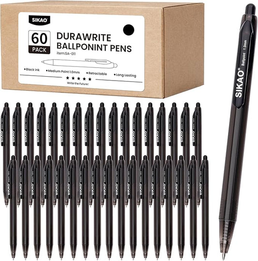 Black Pens Bluk | 60 Pack Durawrite Retractable Ballpoint Smooth Writing | Ball Point Click Pens Black Ink 1.0mm with Clear & Vivid Lines for Servers School Office Supplies, Lapiceros