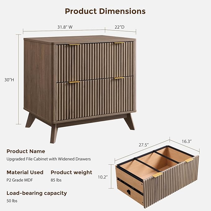 T4TREAM 2 Drawer File Cabinet, 31.8" W Fluted Lateral File Cabinet w/Files Hanging Rod for Letter/Legal/A4, Large Tabletop for Printer, Office Wood Printer Cabinets, Alder Grey (Gen 2)